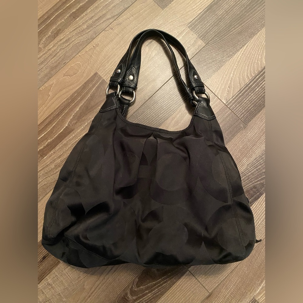 Vintage Coach Signature Print Purse With Leather Handle & Accents